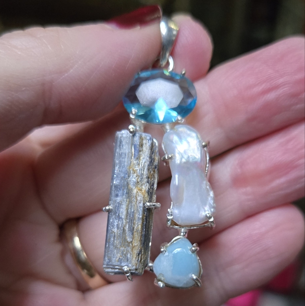 Blue topaz Kyanite Pearl & Larimar sterling silver pendant - Picture 3 of 8